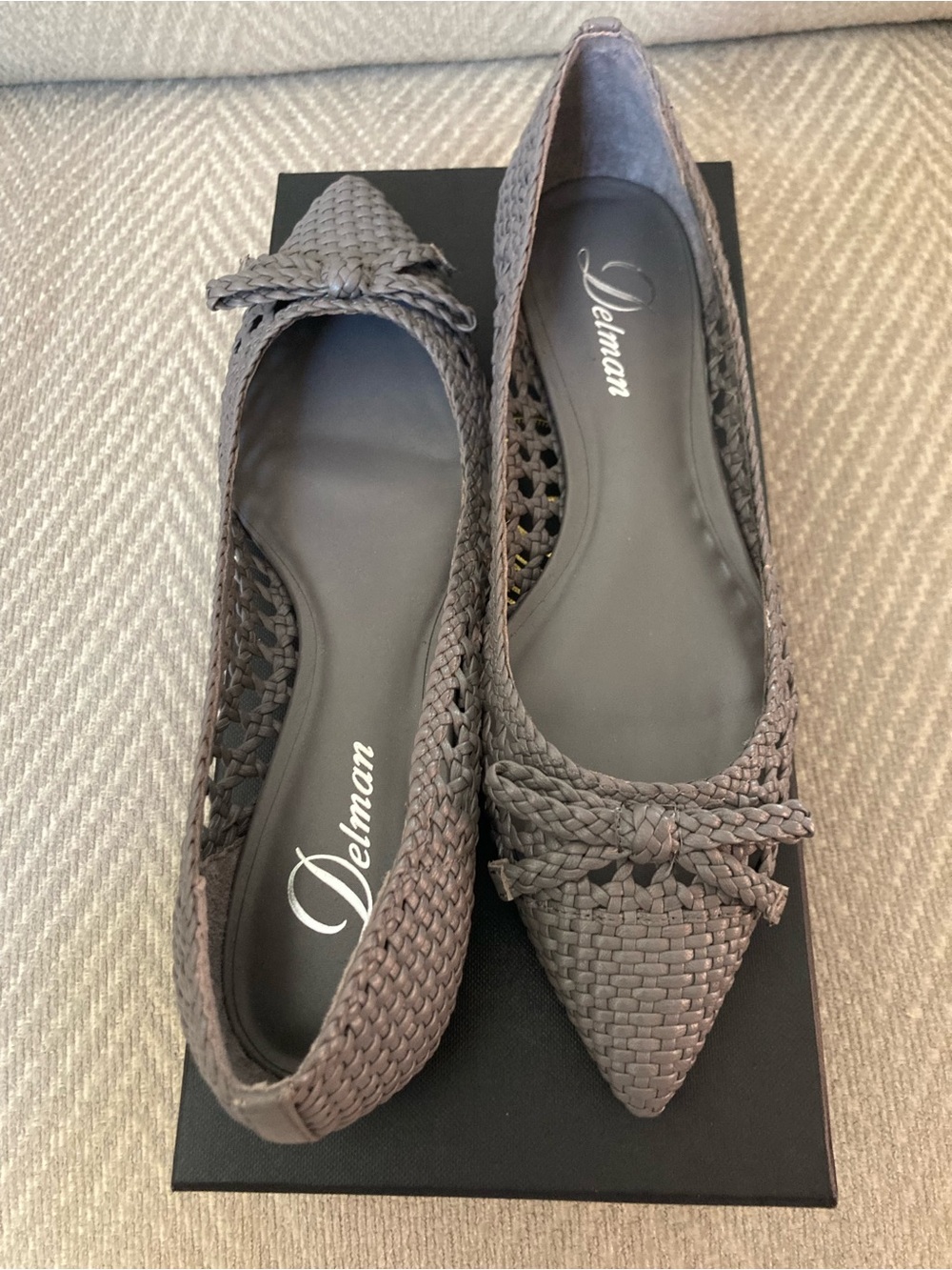 Delman Woven Pointed-Toe Flats in Charcoal Gray
